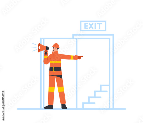 Alert for Building Office Escape in Life-threatening Situation. Fireman with Loudspeaker Announce Fire Evacuation