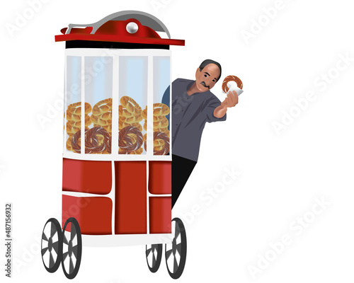 A man sells sesame bagels or simit. Seller of pastries , Turkish bagels, street food Turkey. Vector illustration