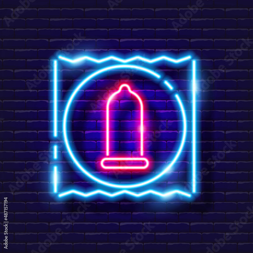 Condom neon icon. Sex shop concept. Toys for adults. Gadgets for love. Vector sign for design, website, signboard, banner, advertisement.