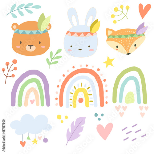 Vector illustration of boho animals and rainbow