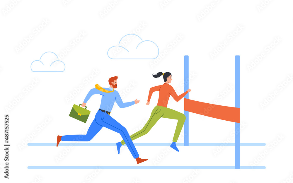 Business Characters Running on Stadium with Finish Line Holding Briefcase, Successful Businesswoman and Businessman Run Business Characters Running on Stadium with Finish Line Holding Briefcase, Successful Businesswoman and Businessman Run