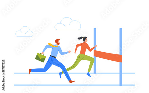 Business Characters Running on Stadium with Finish Line Holding Briefcase, Successful Businesswoman and Businessman Run
