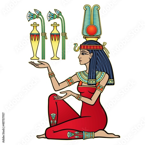 Animation color portrait  Egyptian girl in a red dress and a crown of feathers holds gifts - flowers and a jug. Goddess  princess. Profile view. Vector illustration isolated on a white background. 