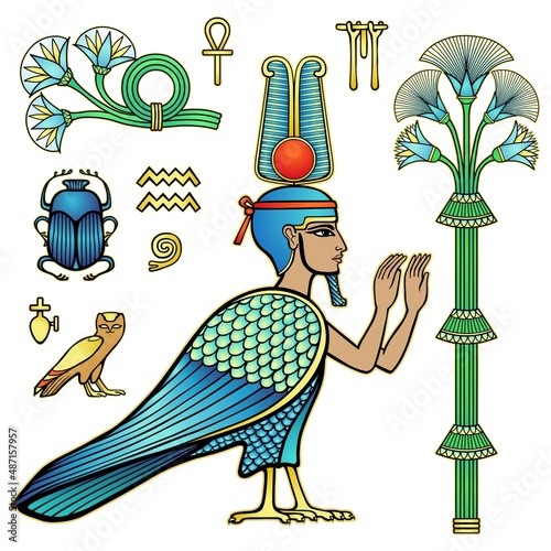 Animation color set of ancient Egyptian symbols. Sacred bird with a human head, an pagan deity. Vector illustration isolated on a white background. 