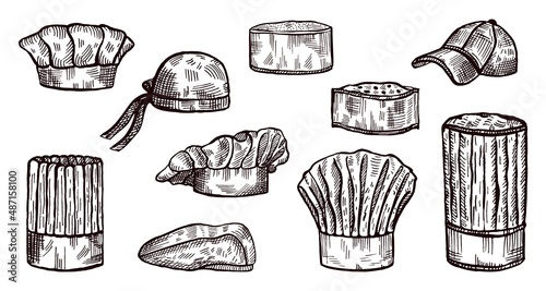 Set chef hat sketch isolated. Kitchen traditional beret, bandana, baseball for cook in hand drawn style.
