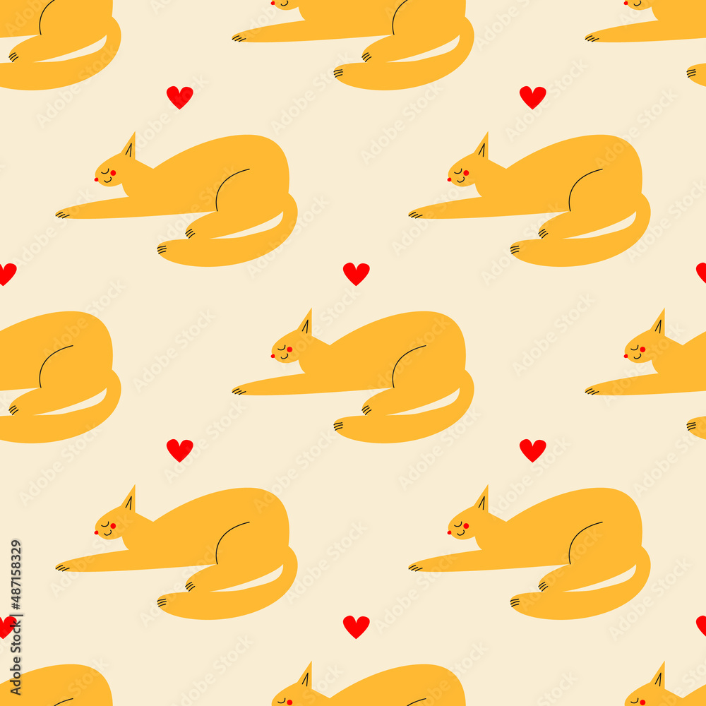 Seamless vector pattern with cats and hearts. Vector illustration