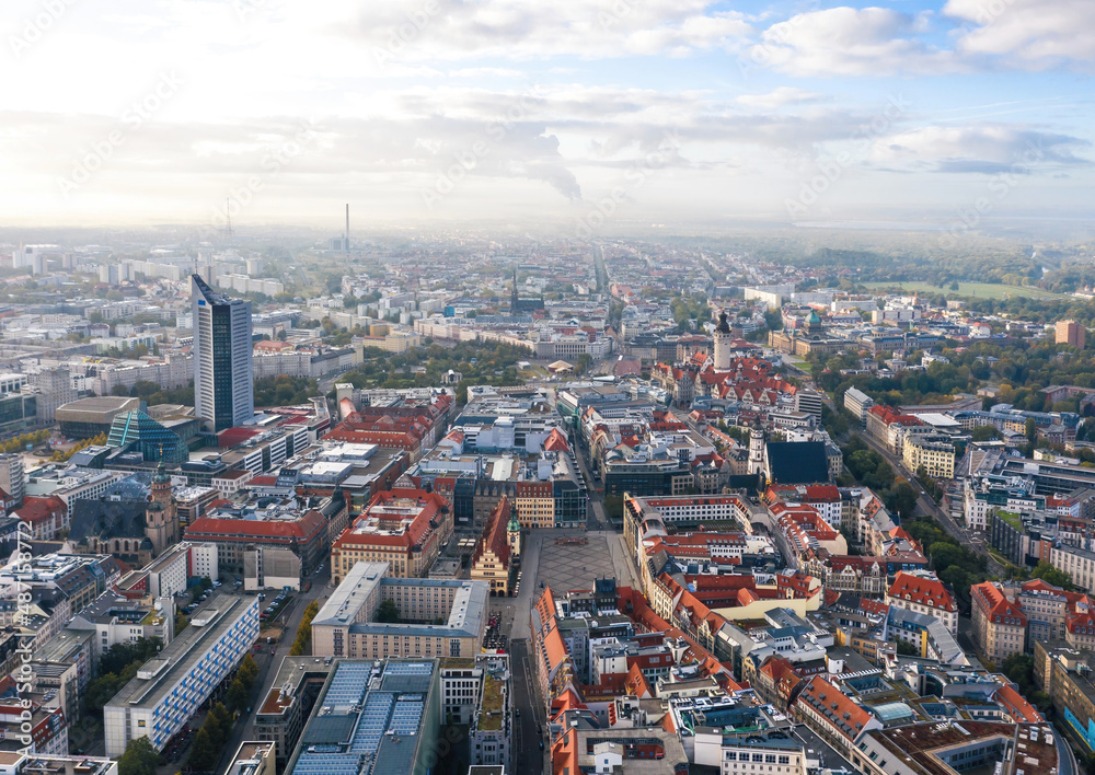 Cityscape of Leipzig (Saxony, Germany). Aerial morning view over Marktplatz, Altes Rathaus (Old Town Hall) in Zentrum city district.