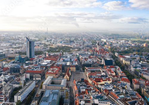 Obraz na płótnie Cityscape of Leipzig (Saxony, Germany). Aerial morning view over Marktplatz, Altes Rathaus (Old Town Hall) in Zentrum city district. w salonie