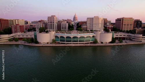 Monona Terrace fly over at dawn. Madison, WI. photo