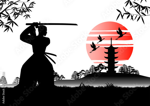 Japanese art with ancient design of samurai training sword near japanese temple,vector illustration