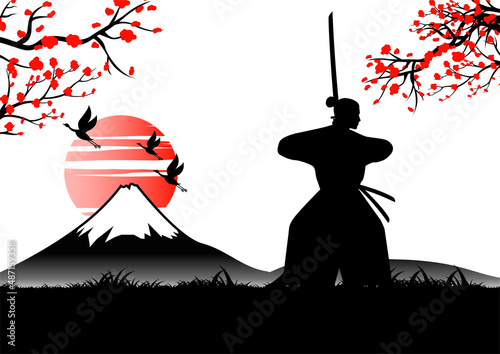 Japanese art with ancient design of samurai training sword near Fuji mount,vector illustration