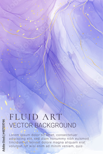 Violet lavender liquid watercolor marble background with golden lines. Pastel purple periwinkle alcohol ink drawing effect. Vector illustration design template for wedding invitation, menu, rsvp