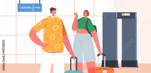 Characters Pass Airport Security Check Concept, Passengers Scanning Baggage with Metal Detector. Security Checkpoint
