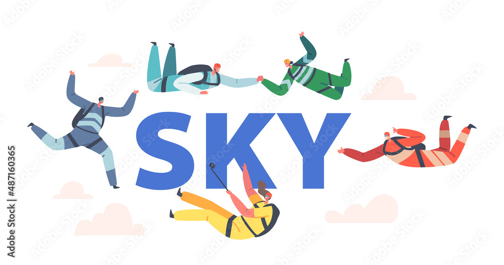 Sky Concept. Base Jumping and Parachuting Extreme Sport Activities, Recreation. Skydiver Characters Jump with Parachute