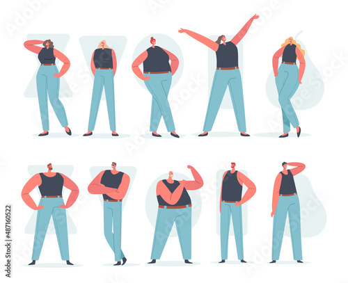 Set Men and Women Body Figure Types, Characters Hourglass, Inverted Triangle, Round, Rectangle and Pear Shapes