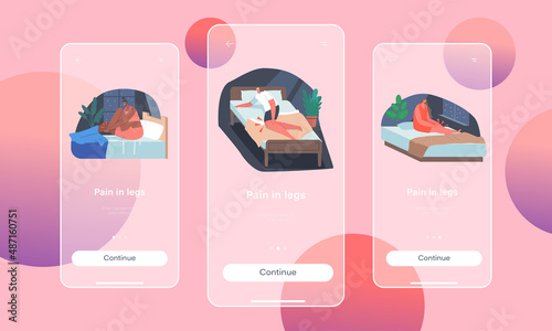 Pain in Legs Mobile App Page Onboard Screen Template. People Suffering of Spasms and Numb Limbs, Sudden Acute Aches