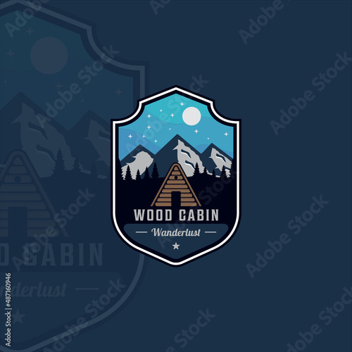wood cabin outdoor emblem logo vector illustration template icon graphic design. adventure wildlife vintage with forest mountain sign or symbol label for business lodging cottage or travel