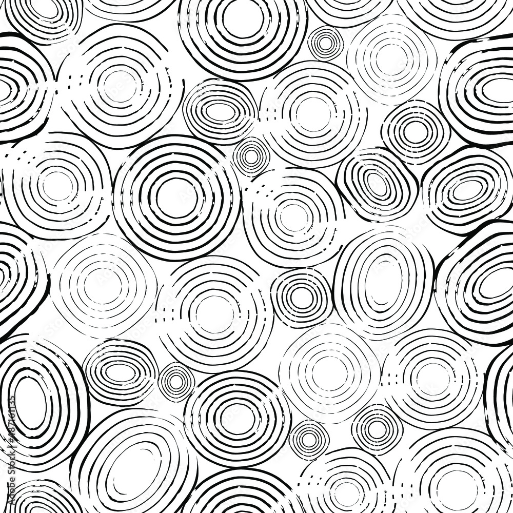 Seamless pattern with grunge circles. Black and white hand drawn vector illustration.