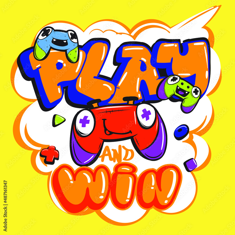 Graffiti words t shirt desgin. Urban Street art style wording. Cartoon style game pads on kids poster. Colorful gaming illustration