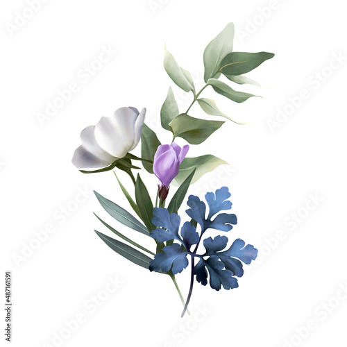 Flowers bouquet isolated on white background. White, purple, very peri tropical flowers with green leaves. Spring floral composition for design