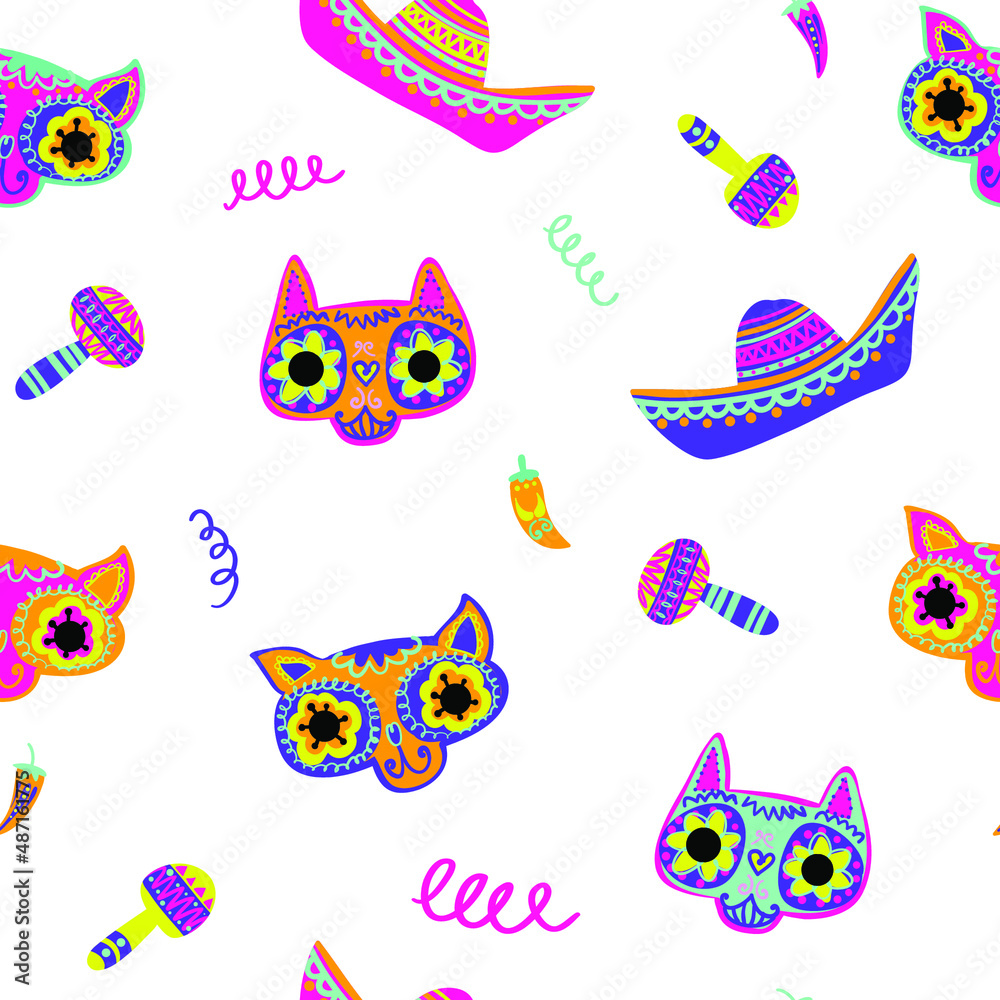 Abstract seamless Mexican cat face pattern. Death day print with kitten mask. Colorful kitties with ornaments. Abstract seamless Mexican cat face pattern. Death day print with kitten mask. Colorful kitties with ornaments.