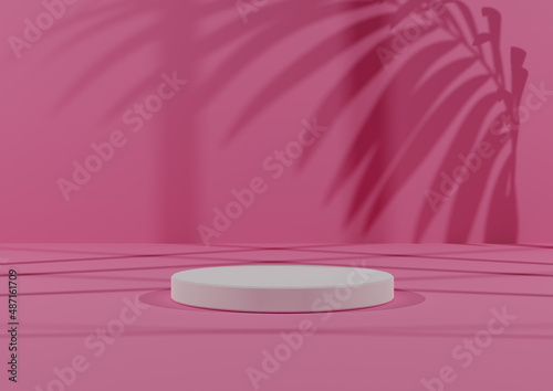 Simple, Minimal 3D Render Composition with One White Cylinder Podium or Stand on Abstract Shadow Light, Bright Pink Background for Product Display.