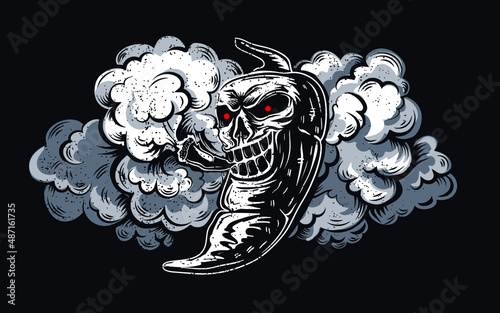 Smoking pepper illustration on black shabby background in cloud of smoke. Grunge skull poster.