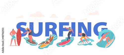 Surfing Water Sport Concept. Surfers Riding Sea Wave on Boards, Characters Summertime Vacation, Leisure, Surf Party