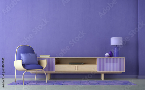 Violet room Very Peri.Chair,TV cabinet lamp and empty wall.Modern design interior.3d rendering