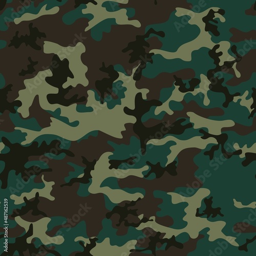 Army camo seamless background, military shape pattern, classic texture on clothes print.