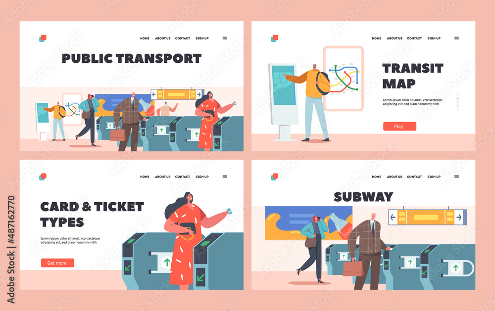 People Use Public Transport Landing Page Template. Male and Female Characters Travel by Subway, . Pass Through Turnstile