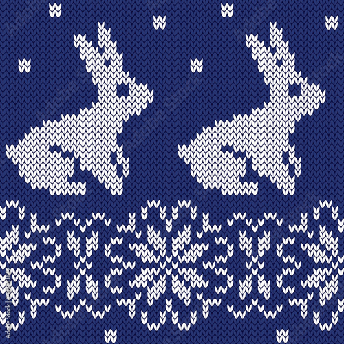 Rabbit and snowflakes jacquard seamless pattern. Winter knitted style. Creative vector illustration.
