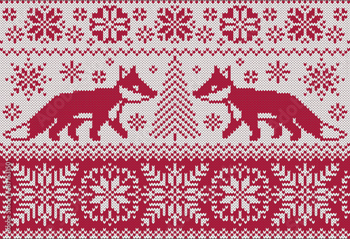 Knitted ornament with foxes. Fashionable jacquard pattern. Winter knit style. Monochrome vector illustration.