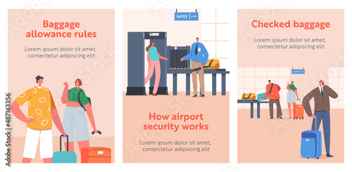 Characters in Airport Pass through Metal Detector Security Frame Banner. Police Department Screening, Travelers Scanner