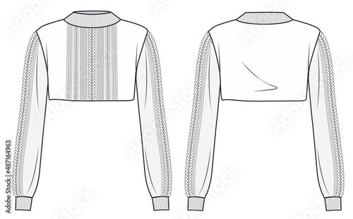 Womens Sweater fashion flat sketche template. Girls knitted Crop Pullover fashion flat template. Hand Knitted Jumper fashion design drawing template.