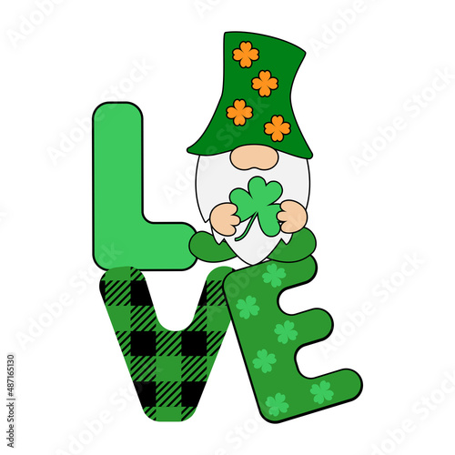 Love phrase with Gnome. St. Patrick's Day holiday decor isolated on white background. Poster, banner, greeting card design element.