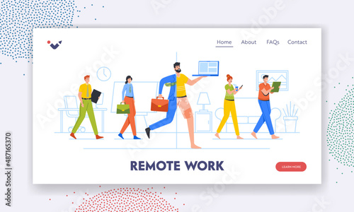 Remote Work Landing Page Template. Hybrid Work After Covid-19 Crisis, Employee Characters Choice to Work Remotely