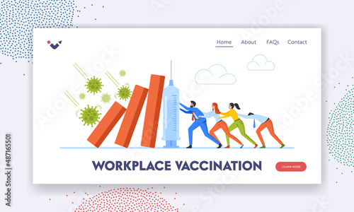 Workplace Vaccination Landing Page Template. Characters Trying to Stop Business Drop with Vaccine, Economic Crisis