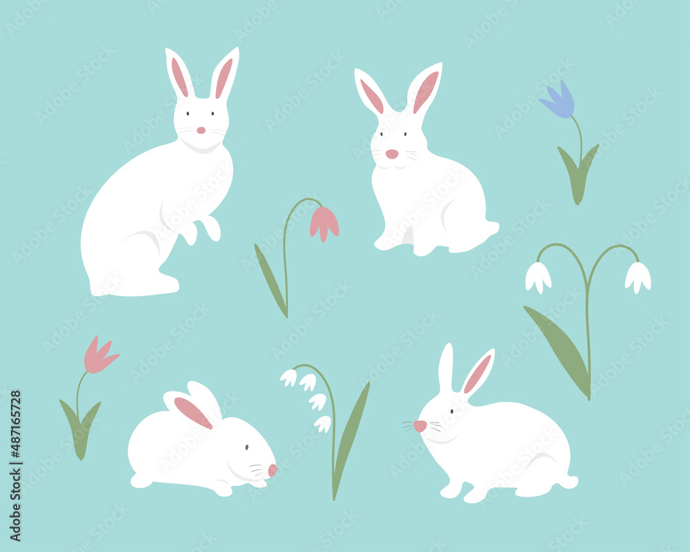 Set of cute white bunnies or rabbits with spring flowers isolated on a blue background. Set of cute white bunnies or rabbits with spring flowers isolated on a blue background.