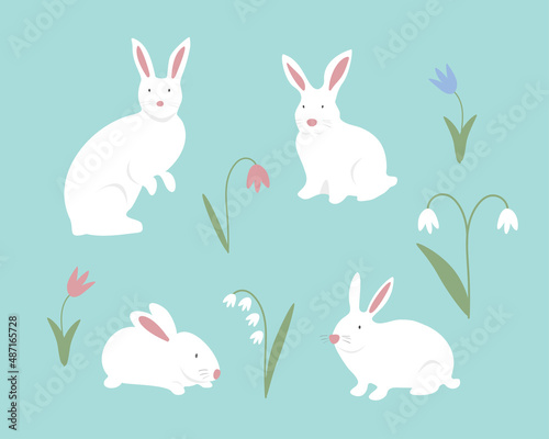 Set of cute white bunnies or rabbits with spring flowers isolated on a blue background. 