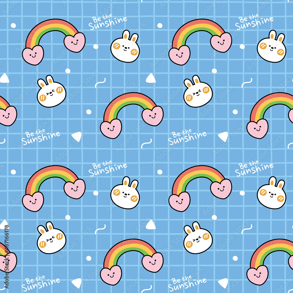 Seamless pattern of rabbit with rainbow on blue background.Cute animal ...