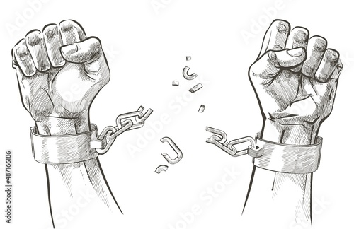 Fototapeta hands breaking steel shackles chain. Sketch vector