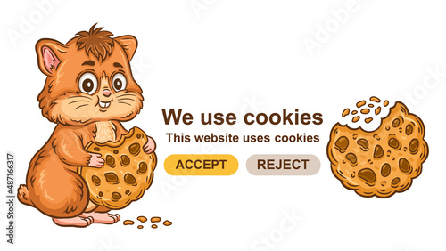 Website use cookies tracking, accept web data security policy. Cute hamster cartoon character bite sugar chocolate biscuit. Internet protection personal information. Popup interface mobile app. Vector