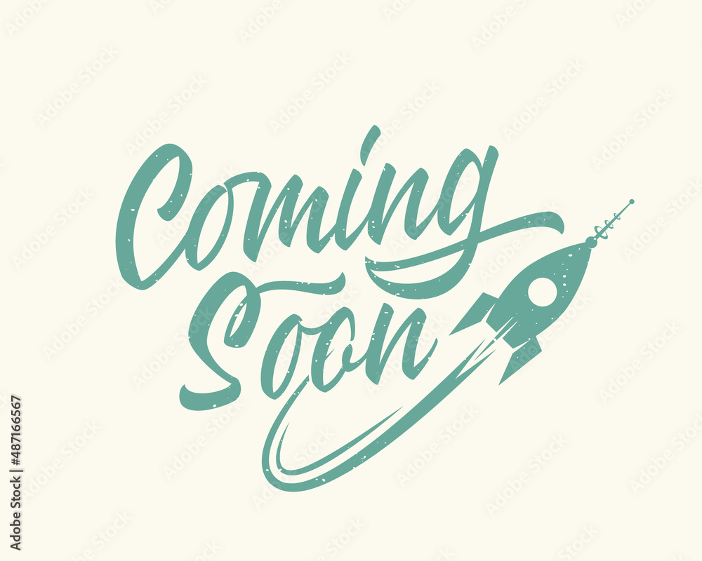 Obraz premium Coming soon lettering retro cartoon rocket sign web template. Page under construction website vector banner background Isolated