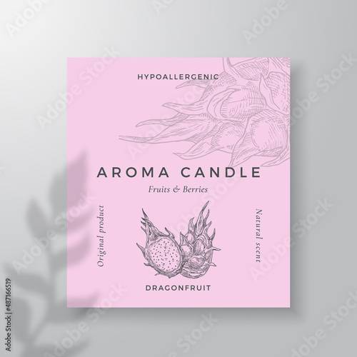Aroma candle vector label template. Dragon fruit scent from local purveyors advert design Ink style sketch background layout decor. Natural smell product package text space