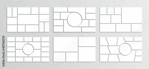 Collage layout. Moodboard template. Photo mood board grid. Mosaic pictures. Frame images. Set album brandboards. Gallery banner. Presentation background. Organised portfolio. Vector illustration