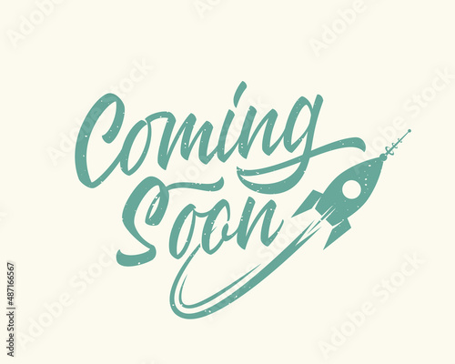 Coming soon lettering retro cartoon rocket sign web template. Page under construction website vector banner background Isolated