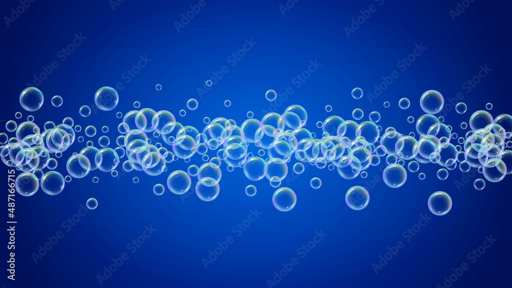 Shampoo bubble. Detergent bath foam, suds and soap for bathtub. 3d vector illustration concept. Aqua fizz and splash. Realistic water frame and border. Rainbow colorful liquid shampoo bubble.