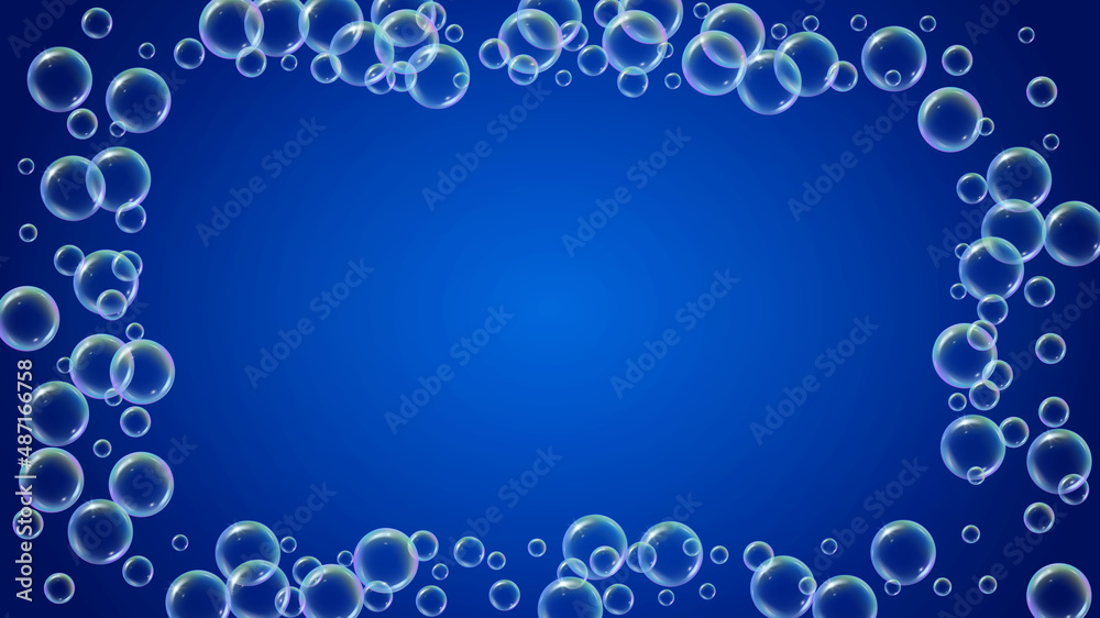 Soap bubble. Detergent bath foam and suds for bathtub. Shampoo. Blue fizz and splash. Realistic water frame and border. Rainbow 3d vector illustration poster. colorful liquid soap bubble.