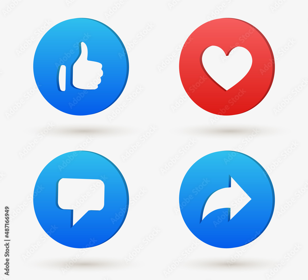 3d social media notification icons, Like love comment share buttons in 3d modern style, Thumb up and heart icon. like, forward, comment repost icon
3d social media notification icons, Like love comment share buttons in 3d modern style, Thumb up and heart icon. like, forward, comment repost icon